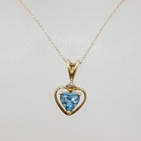 9ct Yellow Gold Dainty Blue Topaz Heart with Diamond Pendant on Gold Chain