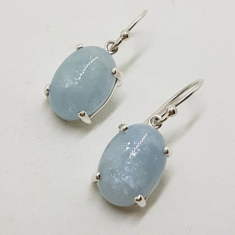 Sterling Silver Oval Claw Set Cabochon Cut Aquamarine Drop Earrings