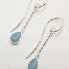 Sterling Silver Teardrop / Pear Shape Bezel Set Cabochon Cut Aquamarine Long Hook Drop Earrings