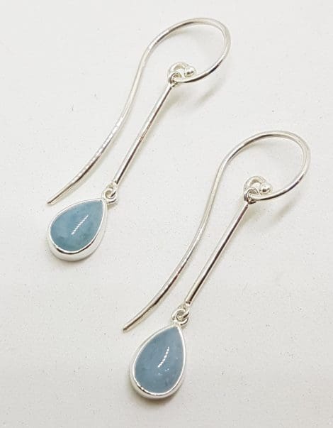 Sterling Silver Teardrop / Pear Shape Bezel Set Cabochon Cut Aquamarine Long Hook Drop Earrings