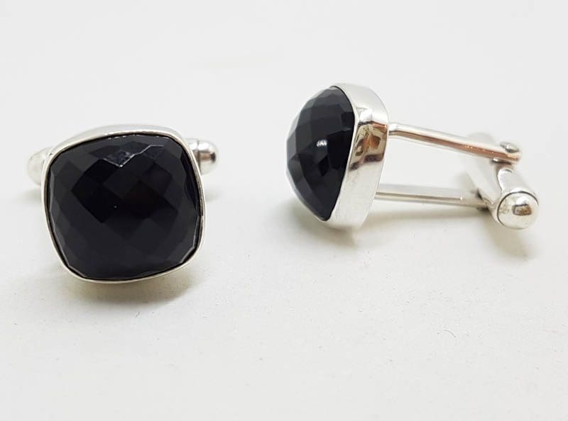 Sterling Silver Square Faceted Onyx Pair of Cufflinks