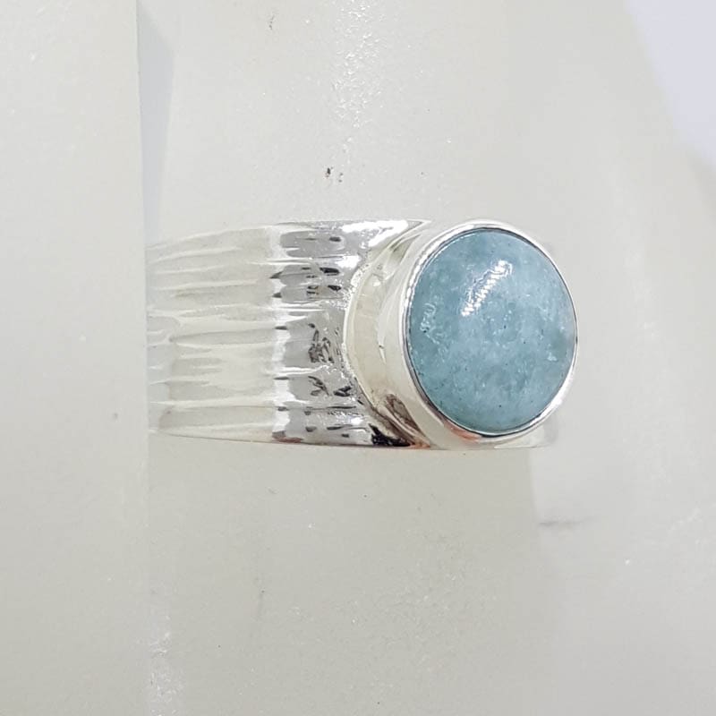 Sterling Silver Round Bezel Set on Wide Patterned Design Band Cabochon Cut Aquamarine Ring