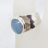 Sterling Silver Oval Bezel Set on Wide Beaten Design Band Cabochon Cut Aquamarine Ring