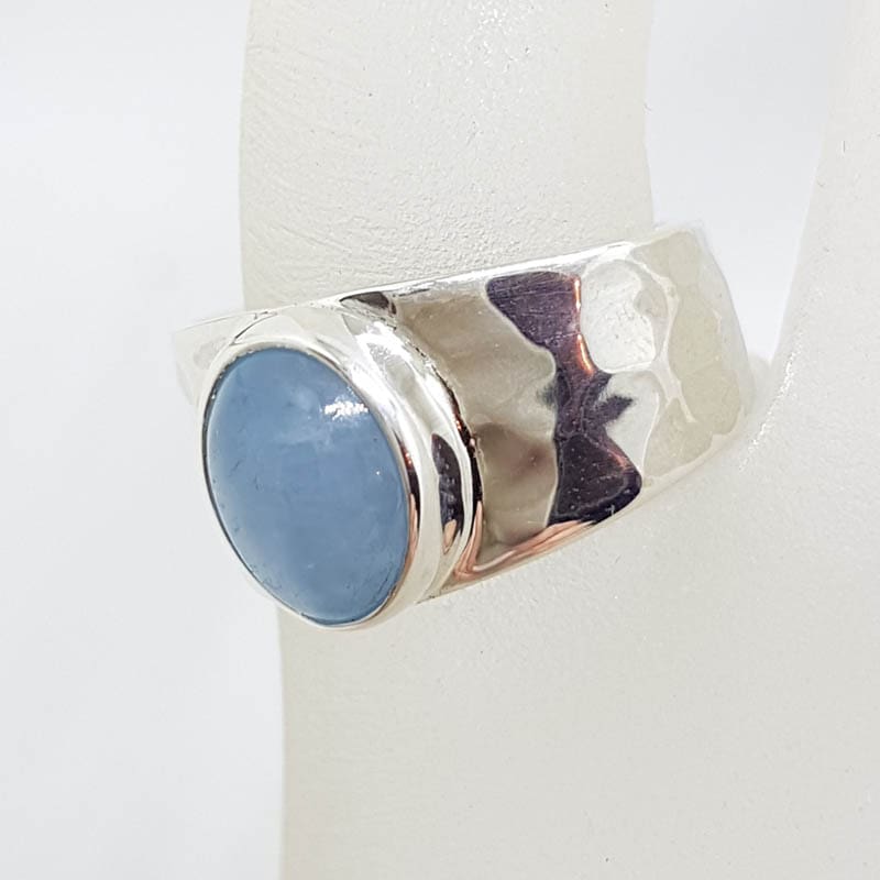 20201030_143053 Sterling Silver Oval Bezel Set on Wide Beaten Design Band Cabochon Cut Aquamarine Ring
