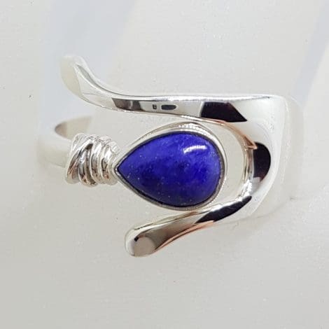 Sterling Silver Teardrop / Pear Shape Lapis Lazuli " Wishbone " Ring