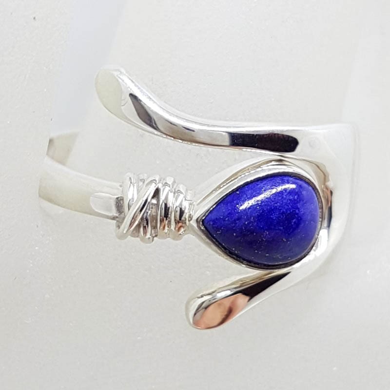 Sterling Silver Teardrop / Pear Shape Lapis Lazuli " Wishbone " Ring