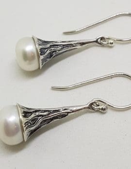 Sterling Silver Patterned Design Long Pearl Drop Earrings