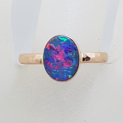 9ct Rose Gold Oval Blue with Multi-Colour Opal Ring - Cooper Pedy - Beaten Design Band