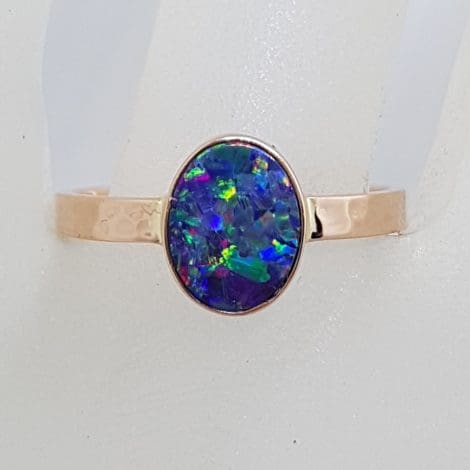 9ct Rose Gold Oval Opal with Beaten Band Design Ring - Coober Pedy