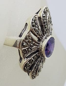 Sterling Silver Vintage Marcasite with Purple Stone Large Ring
