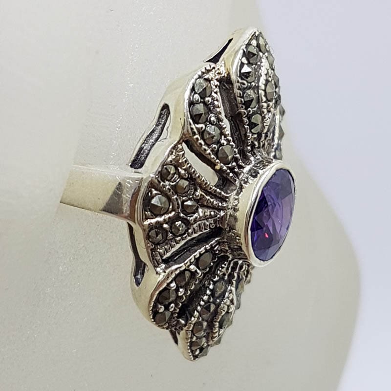 Sterling Silver Vintage Marcasite with Purple Stone Large Ring