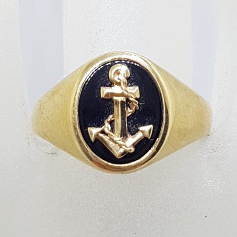 9ct Yellow Gold Oval Onyx with Gold Anchor Gents Ring