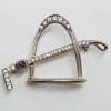Sterling Silver Horse / Equestrian Stirrup & Riding Crop Whip Brooch with Amethyst & Cubic Zirconia