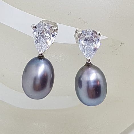 Sterling Silver Black / Grey Pearl with Cubic Zirconia Stud Earrings