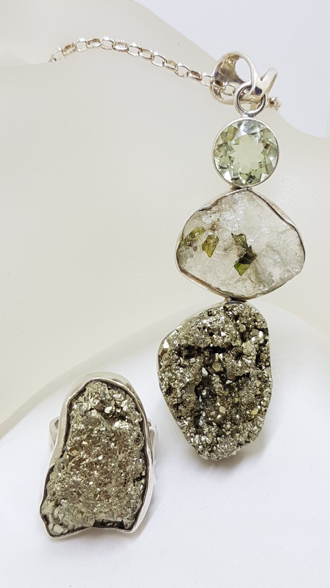 20201116_181850 Sterling Silver Large Pyrite, Tourmaline and Quartz Pendant on Chain