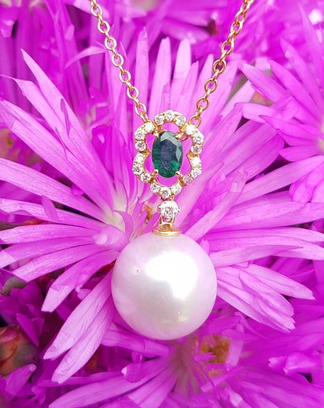 18ct Gold Emerald, South Sea Pearl and Diamond Drop Pendant on 9ct Chain