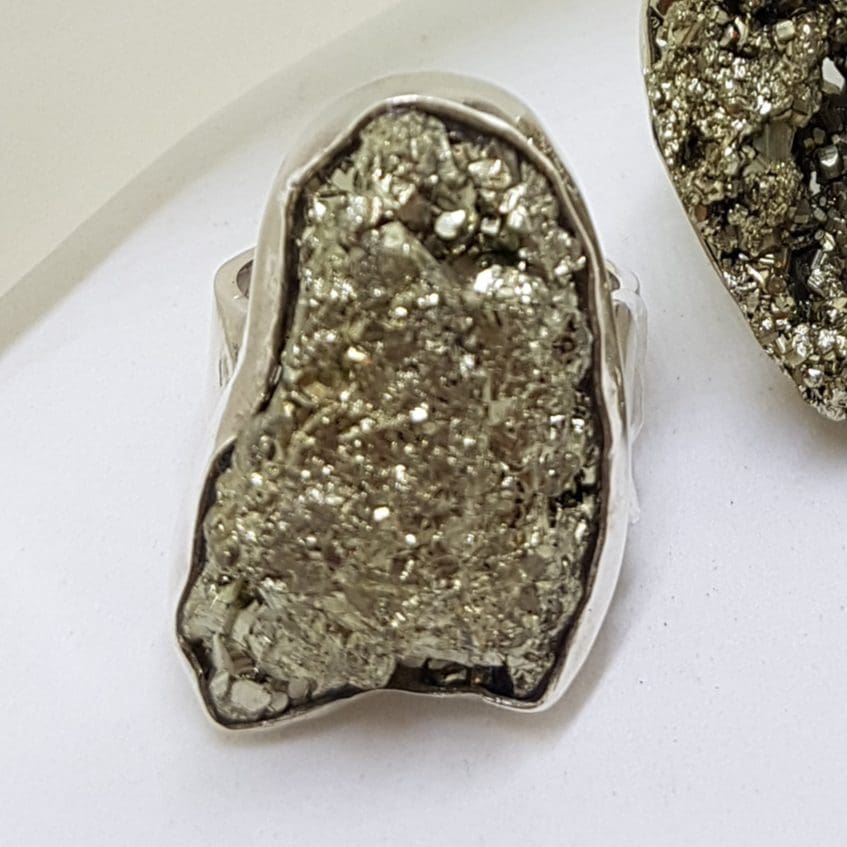 Sterling Silver Large Pyrite Ring - Long
