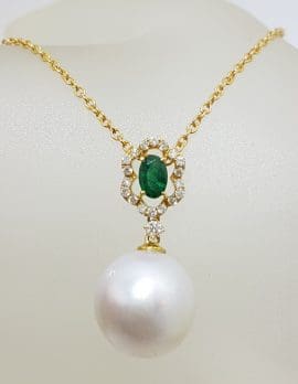 18ct Gold Emerald, South Sea Pearl and Diamond Drop Pendant on 9ct Chain