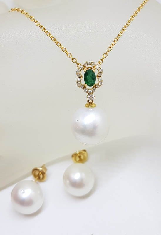 18ct Gold Emerald, South Sea Pearl and Diamond Drop Pendant on 9ct Chain