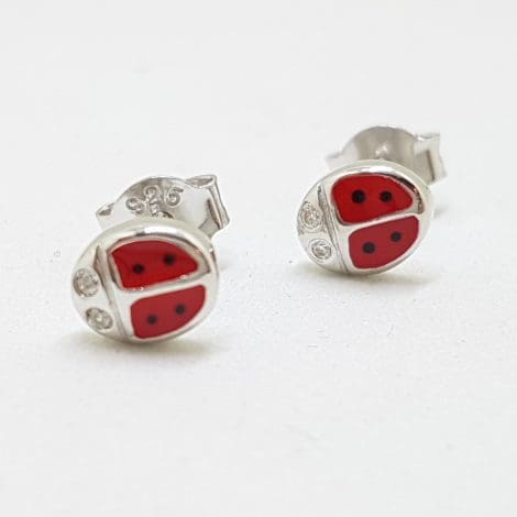 Sterling Silver Red Enamel Ladybird / Ladybug Stud Earrings