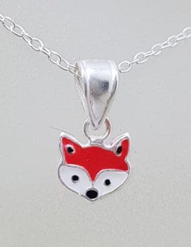 Sterling Silver Red & White Enamel Small Fox Pendant on Silver Chain