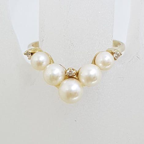 9ct Yellow Gold Pearl and Diamond Wishbone Ring