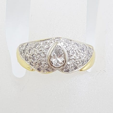 18ct Yellow and White Gold Diamond Wide Ring - Pear / Teardrop Shaped Diamond Surrounded by Round Pave Set Diamonds