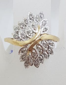 9ct Yellow Gold Diamond Large Leaf Motif Cluster Ring