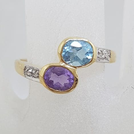 9ct Yellow Gold Diamond with Oval Amethyst & Topaz Bezel Set Ring - Large Size