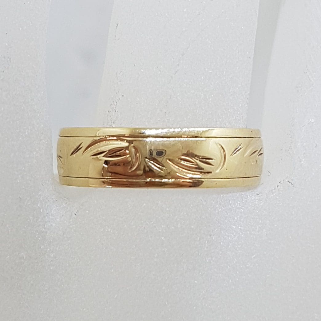 9ct Yellow Gold Wide Patterned Wedding Band Ring - Antique / Vintage