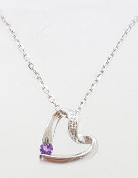 9ct White Gold Amethyst Heart Pendant on Gold Chain