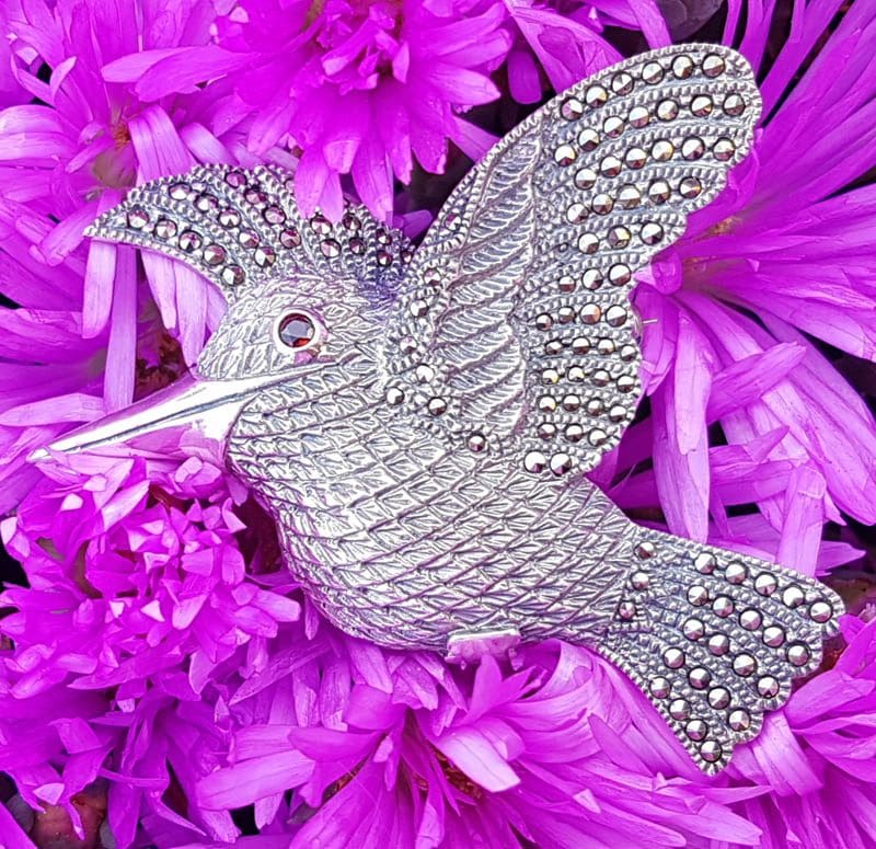Sterling Silver Marcasite Large Bird / Hummingbird with Garnet Eye Brooch