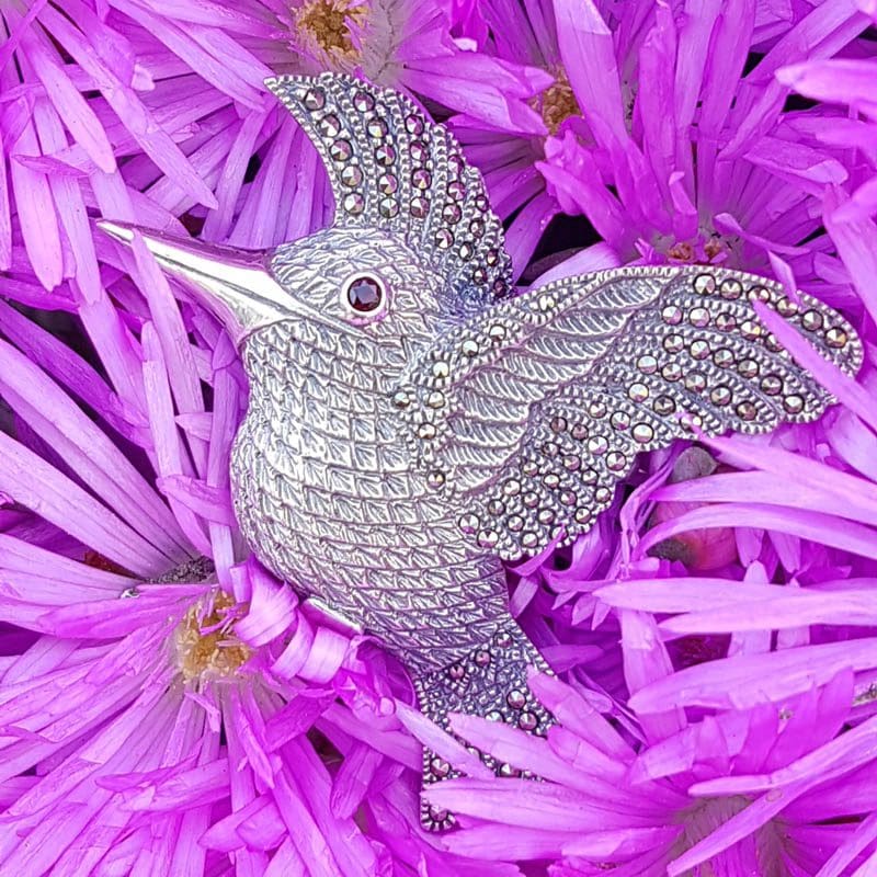 Sterling Silver Marcasite Large Bird / Hummingbird with Garnet Eye Brooch