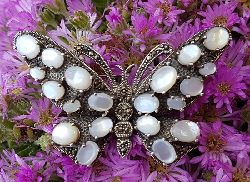20201129_131626 Sterling Silver Marcasite and Mother of Pearl Large Butterfly Brooch