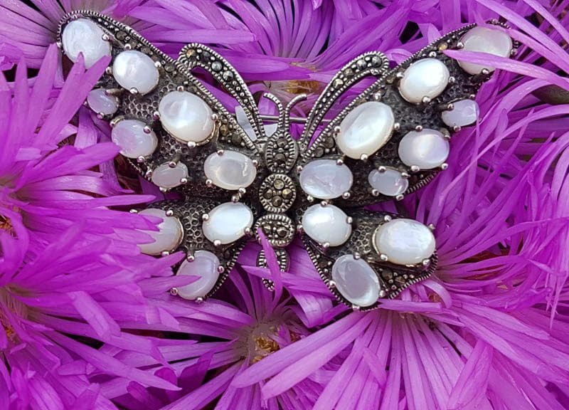 20201129_131650 Sterling Silver Marcasite and Mother of Pearl Large Butterfly Brooch