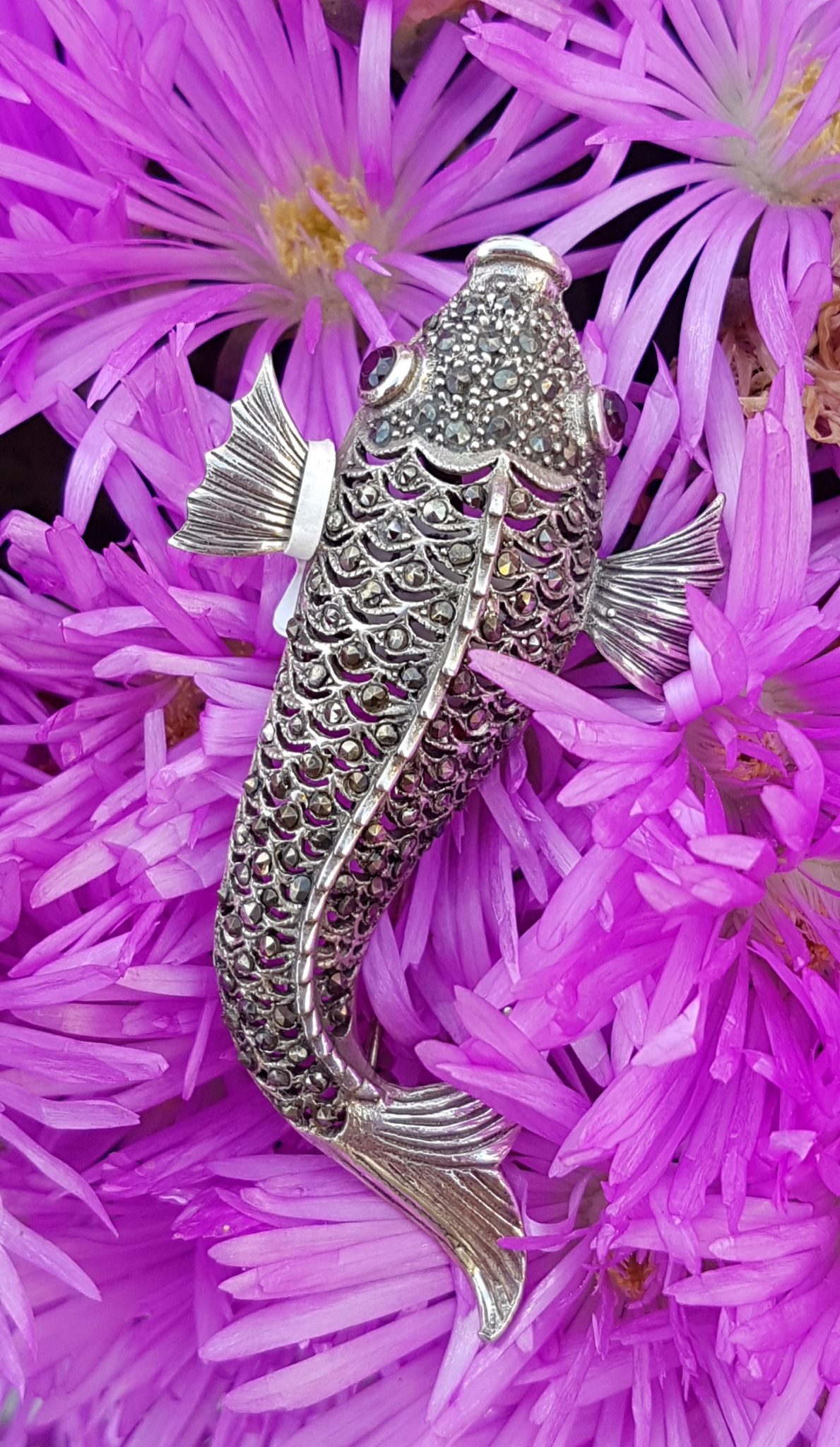 Sterling Silver Marcasite & Garnet Large Koi Fish Brooch