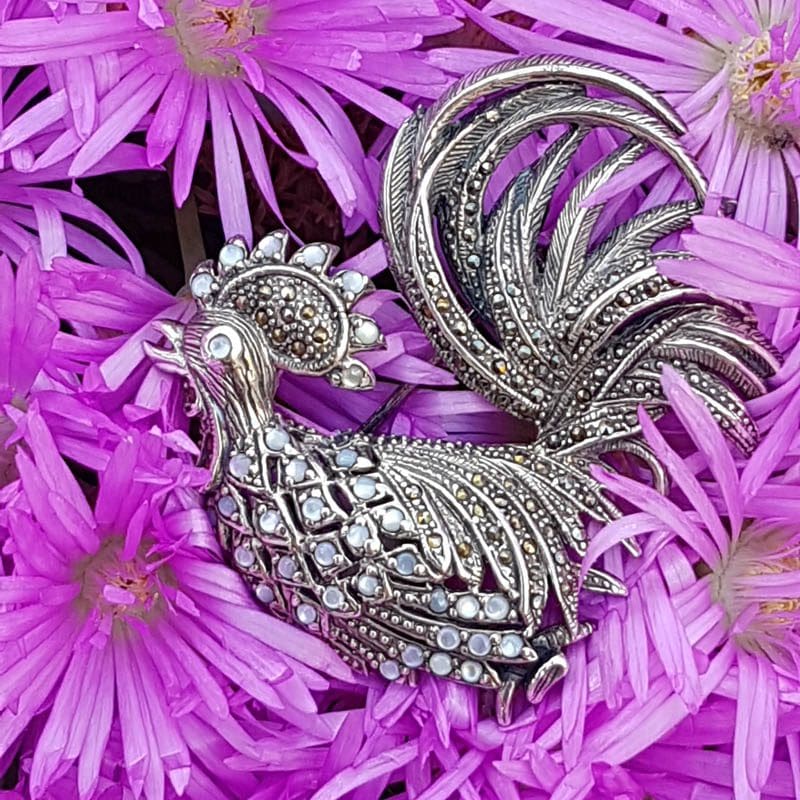 20201129_131846 Sterling Silver Large Marcasite and Mother of Pearl Rooster Brooch