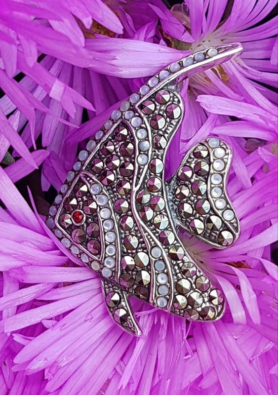 Sterling Silver Marcasite Large Mother of Pearl Fish Brooch