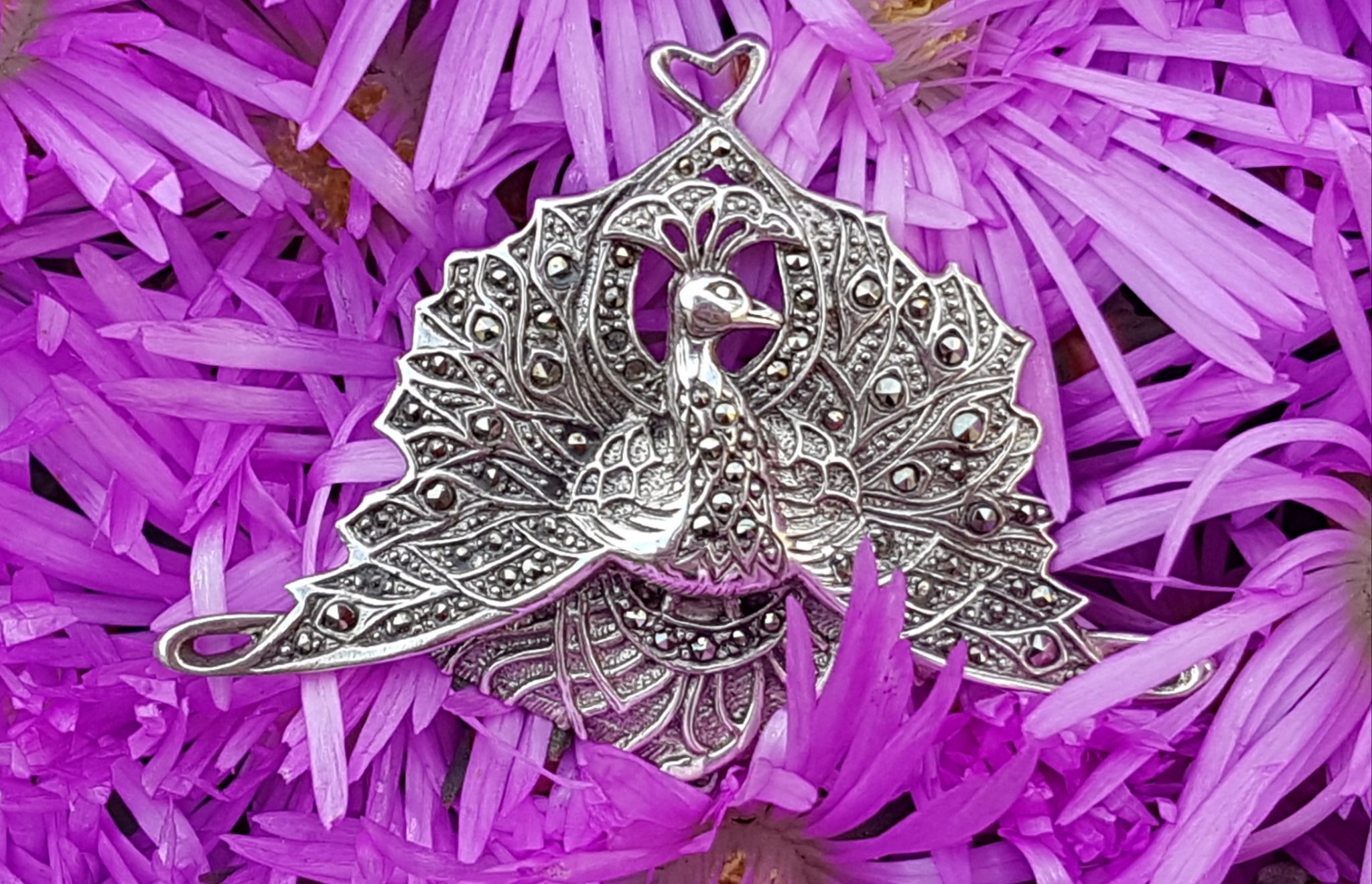 Sterling Silver Marcasite Large Peacock Bird Brooch