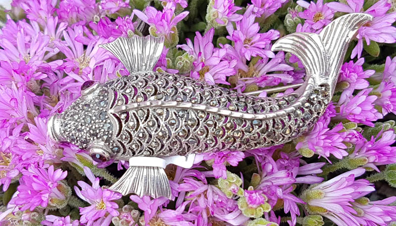 Sterling Silver Marcasite & Garnet Large Koi Fish Brooch