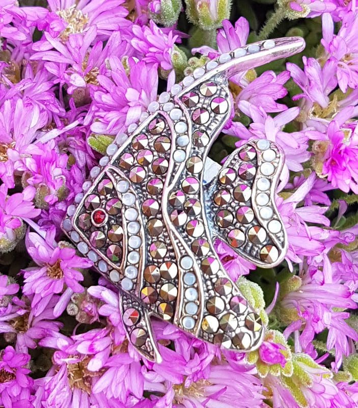Sterling Silver Marcasite Large Mother of Pearl Fish Brooch