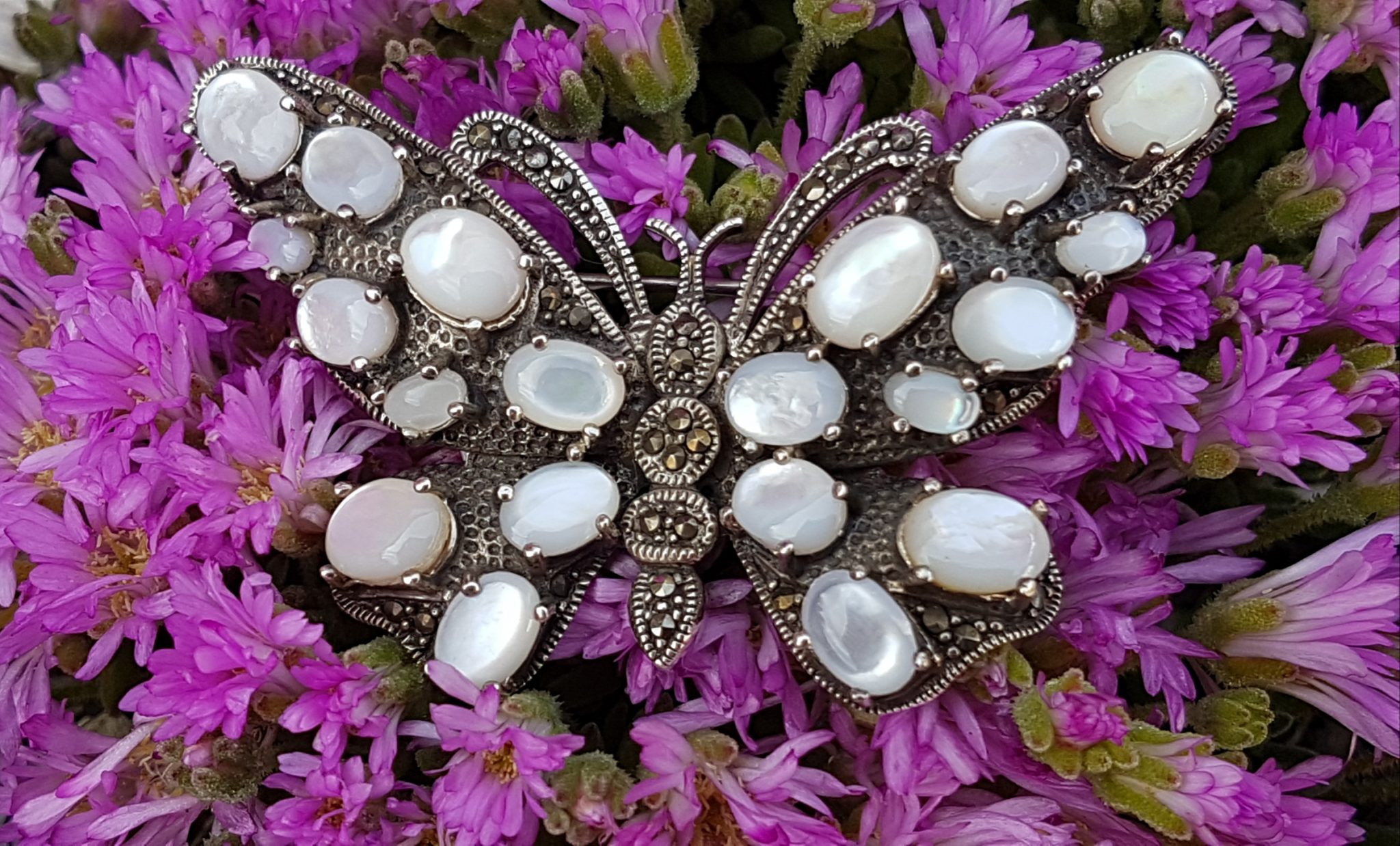 20201129_132422 Sterling Silver Marcasite and Mother of Pearl Large Butterfly Brooch