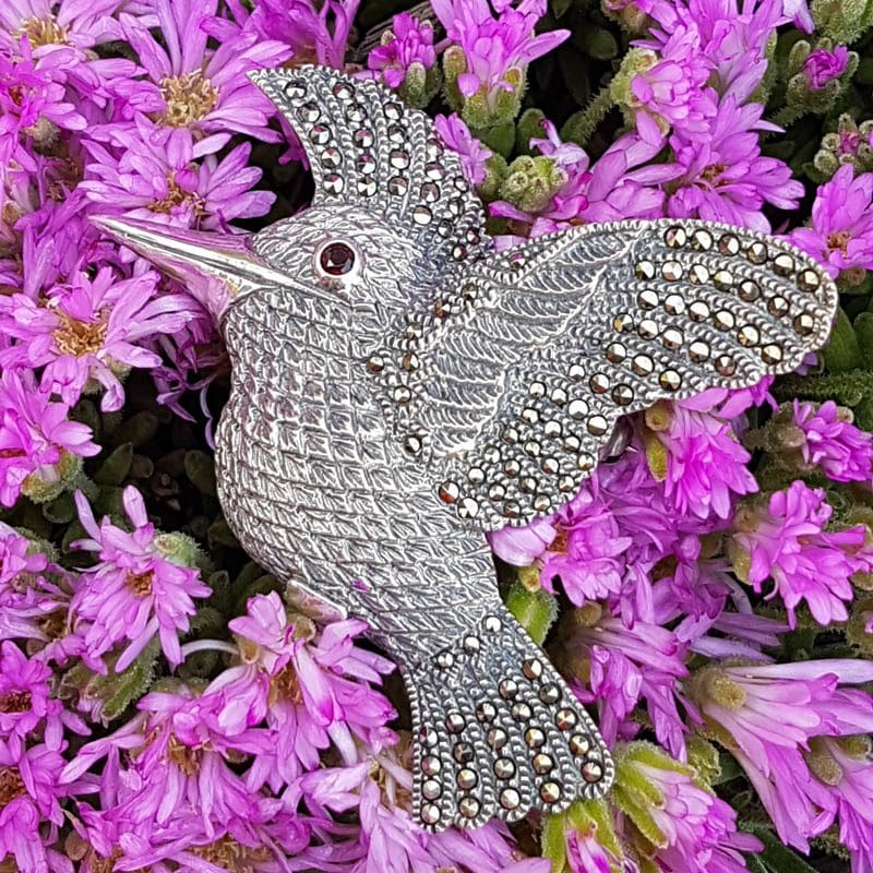 Sterling Silver Marcasite Large Bird / Hummingbird with Garnet Eye Brooch