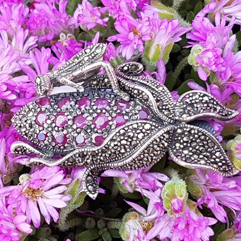 Sterling Silver Marcasite and Ruby Grasshopper / Cricket on Corn Cob Brooch