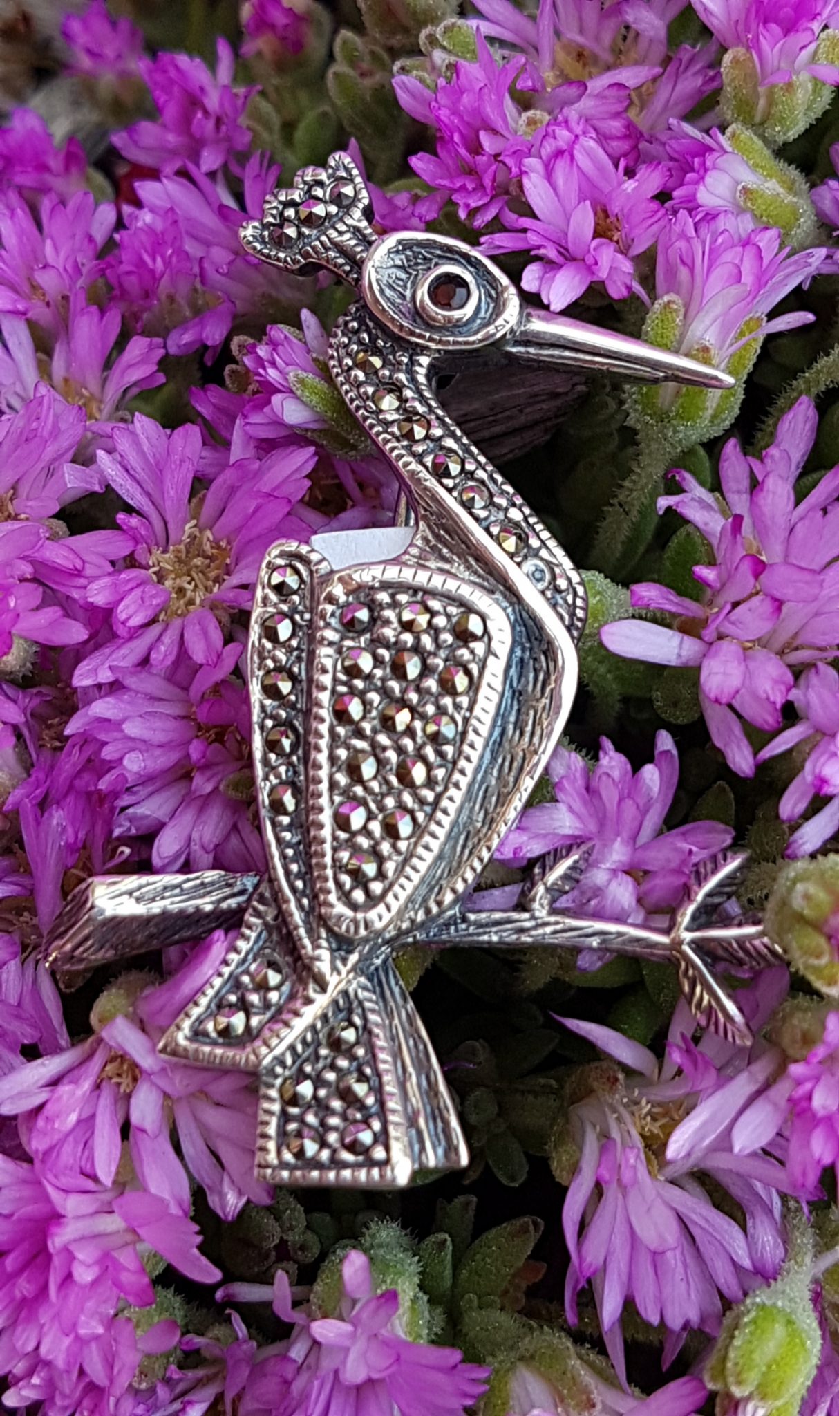 20201129_132612 Sterling Silver Marcasite Crane / Bird on Branch Brooch