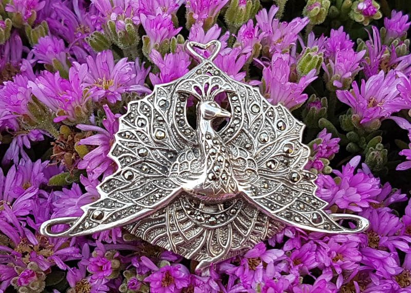 Sterling Silver Marcasite Large Peacock Bird Brooch