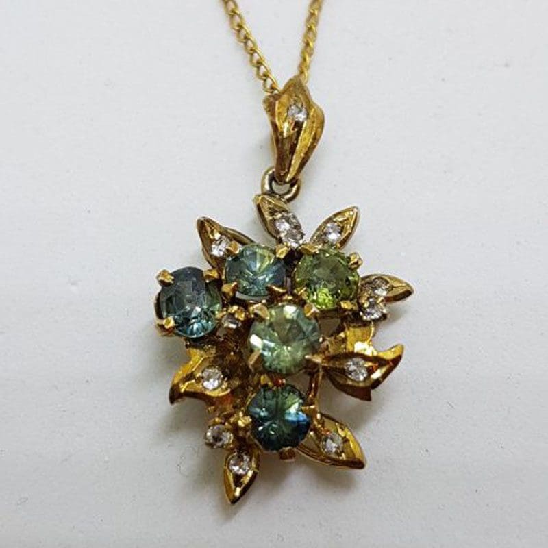 Plated Green Cluster Pendant on Chain - Antique / Vintage