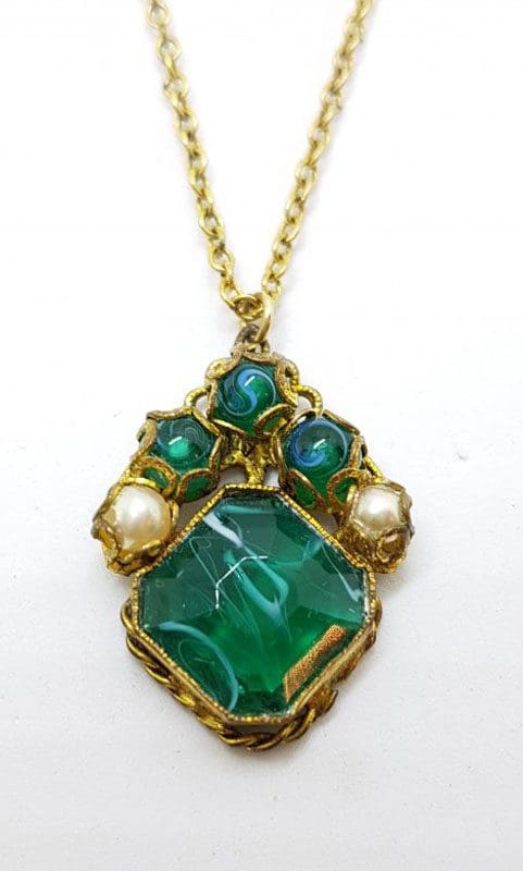 Plated Green and White Stone Cluster Pendant on Chain - Antique / Vintage