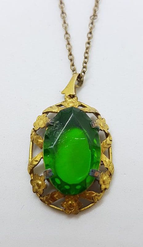 Plated / Lined Ornate Oval Green Stone Pendant on Chain - Antique / Vintage