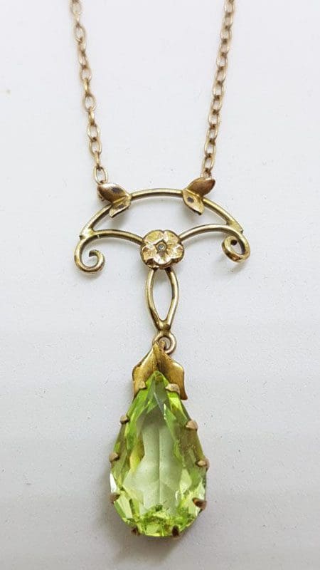 Plated / Lined Ornate Floral Green Stone Drop Necklace - Antique / Vintage